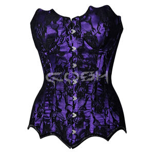 Corset surbuste à baleines spirales en satin violet avec superposition de dentelle florale noire, vente en gros |   Corsets sur mesure par Cosh Intl - Product Image 3