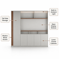 Meuble de bureau exécutif moderne avec accent en bois lamellé, grand centre d'exposition ouvert et armoires inférieures fermées, éclairage LED