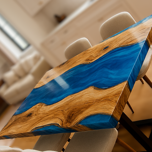 Table à manger rectangulaire moderne en résine époxy artisanale de luxe pour salon, plateau en bois d'acacia, imperméable, cadeau de mariage, personnalisable - Product Image 3