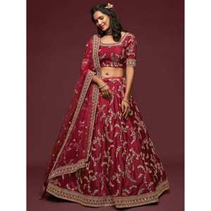 Conjunto de Lehenga Choli de Seda Super Maroon para Boda con Bordado de Hilo, Conjuntos para Mujer - Product Image 3