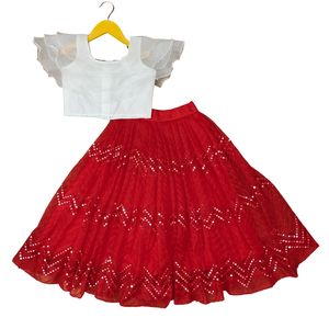 Shoryam ชุดเสื้อกระโปรงบานตาข่ายสีแดงสำหรับเด็กผู้หญิงชุดเสื้อจับจีบสีขาวมีสไตล์แฟชั่นสำหรับงานเลี้ยงชาติพันธุ์ - Product Image 3