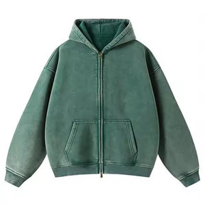 Manches longues col à capuche poche kangourou fermeture éclair avant sweat à capuche lavé à l'acide pour hommes Logo personnalisé avec taille basique coton mélangé - Product Image 1