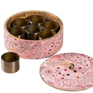 Masala dabba กล่องเครื่องเทศไม้คลาสสิกชุดครัวครัวพร้อมพิมพ์ลายสไตล์ชนเผ่าเครื่องเทศบนไม้เจ็ดทอง - Product Image 5