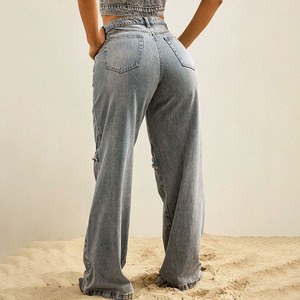 Ropa de calle informal con estilo para mujer, pantalones vaqueros desgastados lavados oscuros, cierre a presión de moda, pantalones vaqueros Cargo de tubo recto Suelto - Product Image 2