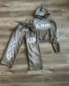 Custom Sun Faded 100% Chaqueta con capucha de algodón Vintage Acid Wash Distressed Patch Sweatsuit Set para el invierno - Product Image 4
