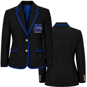 Blazer décontracté noir brodé de l'Université Hamptoon, coupe ajustée, bordure bleue, simple boutonnage, anti-plis, anti-statique - Product Image 3