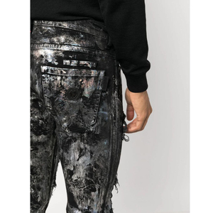 Jeans en denim déchiré à effet blanchi pour homme, coupe slim, respirant, noir uni, style streetwear - Product Image 2