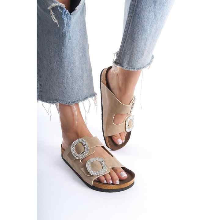 Women's Stone Buckled Casual Slippers Double Banded Slippers Eva Sole Poly Beige