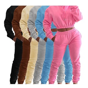 Offre Spéciale femmes recadrée coton éponge français pantalons de survêtement et sweat à capuche ensemble fermeture éclair 2 pièces ensemble à capuche femme - Product Image 6