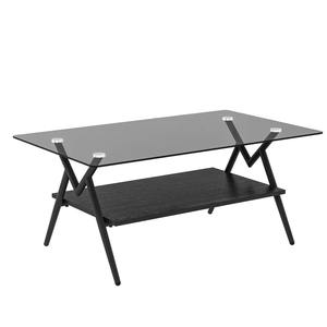 Mesa de Centro Moderna Rectangular de Dos Niveles con Tapa de Vidrio Templado y Estructura de Metal Negro para Muebles de Sala - Product Image 1