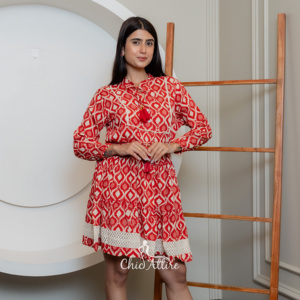 2025 rouge Ikat imprimé coton a-ligne Mini robe pour femmes avec manches longues dentelle ourlet Boho tunique tenue décontracté été robes courtes - Product Image 1