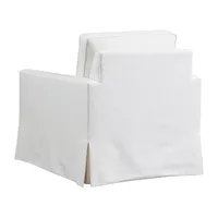 Fauteuil blanc de style farmhouse moderne, base à jupe, tissu texturé, fraîcheur instantanée