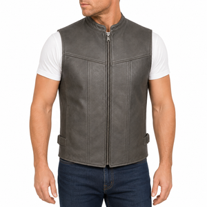 Custom <b>Men's</b> <b>Leather</b>/Polyester/Cotton Western Vest Sleeveless V Neck Casual <b>Waistcoat</b> Stand Collar Zipper Closure Summer - Product Image 1