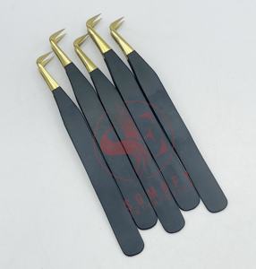 Pinces à cils professionnelles de haute qualité en fibre dorée, logo personnalisé, noir mat, volume pointu, acier inoxydable solide, Somofy - Product Image 1