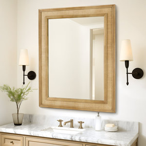 Espejo de marco de madera de ratán rectangular con vidrio templado para decoración del hogar - Product Image 1