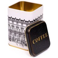 Boîte en métal carrée vintage Kontensan ER0182A 90x90x125 mm avec illustration de paysages urbains, 1L, couvercle coulissant, accessoires pour café et thé