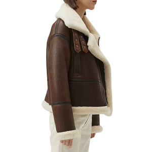 <b>Women's</b> Real Sheepskin Shearling Fur Leather <b>Flying</b> Brown Bomber <b>Jacket</b> - Product Image 6