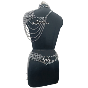 Combo de disfraz de Cosplay de aluminio hecho a mano para mujer, falda tradicional de cota de malla, cuello de hombro de un lado, artesanías de Metal pulido - Product Image 4
