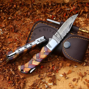 Couteau pliant en acier de Damas, pointe tombante noire, camping, chasse, survie en plein air, manche en bois Pakka, garantie 3 ans, EDC - Product Image 2