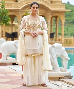 RICH LOOK GEORGETTE CODING <b>BEADS</b> WORK TOP PALAZZO WITH DUPATTA FUNCTIONAL WEAR WHOLESALE PRICE ETHNIC GARMENT WHITE - Product Image 1