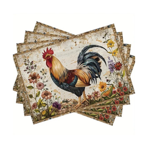 Manteles Individuales con Estampado de Gallo Estilo Granja y Arte Floral Colorido, Accesorios Rústicos para Mesa de Comedor, Decoración para Cocina Campestre - Product Image 1