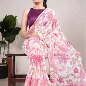 Style traditionnel Marbal Imprimé Floral Léger Saree Moonga Chemisier En Soie Perle Dentelle Bordure pour Fête Réception Fonction Indien - Product Image 1