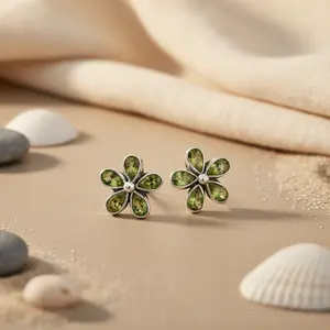 925 <b>Silver</b> Peridot Flower <b>Stud</b> Earrings for Women Fashionable Gift Product - Product Image 2