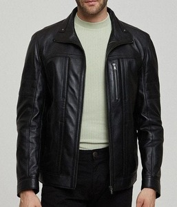 Venta al por mayor por encargo para hombre negro con cremallera Acento piel de cordero chaqueta de motorista chaqueta de cuero real - Product Image 3