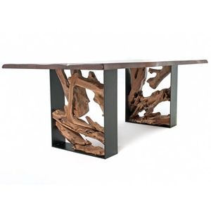 Mesa de centro hecha de madera maciza de teca con patas de hierro y decorada con madera vieja para interior y exterior - Product Image 6