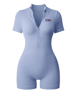 Women's New Solid Pattern Ribbed <b>Short</b> Sleeve Zip Front Gym Jumpsuit Stretch Tummy Control Yoga Workout Romper Above Knee Knee - Product Image 6