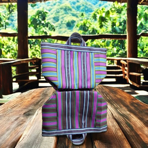 Sacs cosmétiques de plage recyclés Handloom personnalisés écologiques Étuis à provisions en plastique tissé à rayures à la mode avec fermeture à glissière réutilisable - Product Image 2