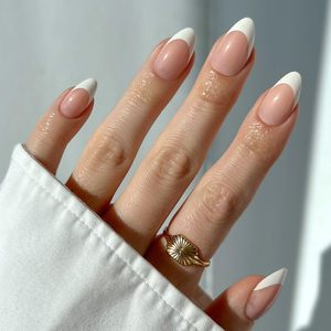 <span class=keywords><strong>Uñas</strong></span> Postizas Cortas Almendradas Brillantes, Kit Completo de 24 Piezas, Punta Francesa con Acabado UV, <span class=keywords><strong>Uñas</strong></span> Postizas Almendradas Puntiagudas, Venta al Por Mayor - Product Image 1