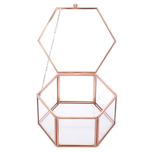 กล่องเก็บเครื่องประดับทรงหกเหลี่ยมทำจากโลหะ & แก้วใสพร้อมฝาปิดสีโรสโกลด์ - Product Image 1