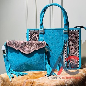 กระเป๋าถือใบใหญ่ลายดอกไม้หนังสีเทอร์ควอยส์พร้อมเครื่องมือทำมือชุดคอมโบกระเป๋าซองหนังนูนสำหรับผู้หญิง - Product Image 1