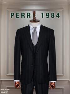Costume d'affaires pour homme en laine tissée, marron à fines rayures, simple boutonnage, col à revers, coupe droite, style britannique - Product Image 3