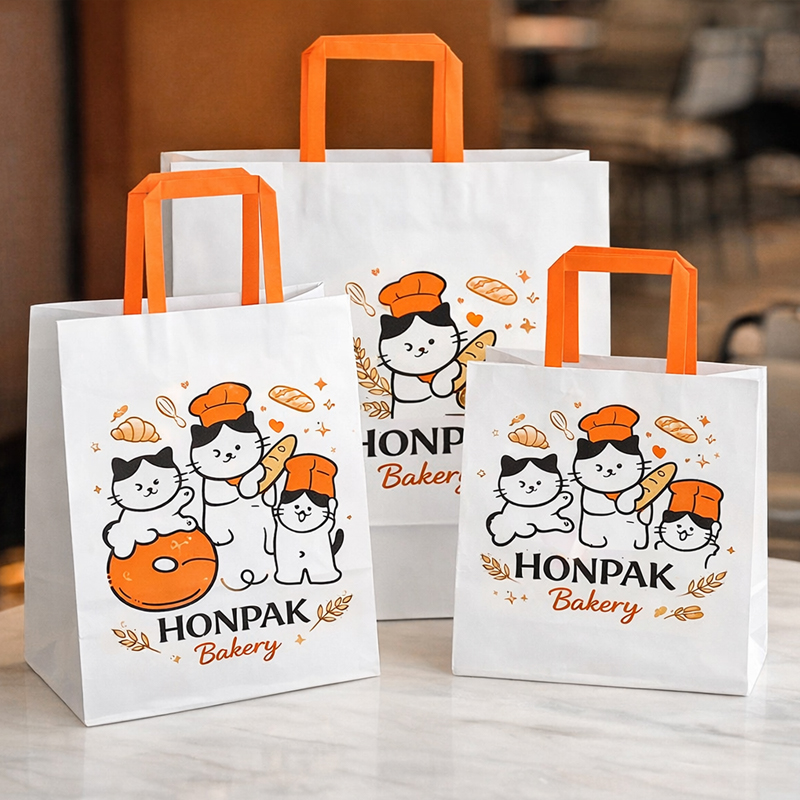 Custom Eco-Friendly Recyclable Disposable Kraft Paper Bags with Custom Printing for Bakery Cakes Cookies Food Takeaway Packaging