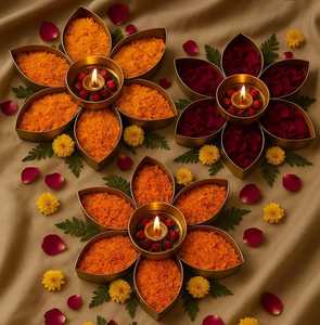 Gold metal flower shape urli set of 3 metal <b>bowls</b> for floating flowers and candles - Product Image 1