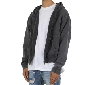 Alta calidad 400gsm algodón hombres de gran tamaño Vintage lavado ácido cremallera completa Sudadera con capucha logotipo personalizado bordado liso teñido ropa de invierno - Product Image 4
