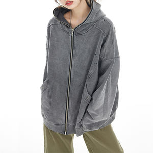 High quality cotton distressed <b>Hoodie</b> oversize Vintage Acid Washed Full <b>Zip</b> Up <b>Hoodie</b> With <b>Pockets</b> Loose <b>hoodie</b> Customize Make - Product Image 1