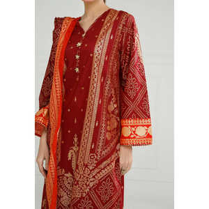 Traje Casual de 3 Piezas Color Granate para Mujer con Estampado Dorado para Verano - Con Decoración de Botones - Product Image 3