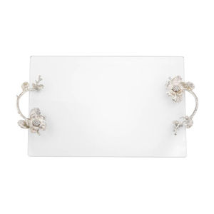 Plateau de service en verre transparent argenté de style Olivia avec poignées florales élégantes plateau de décoration pour mariages en marbre - Product Image 1