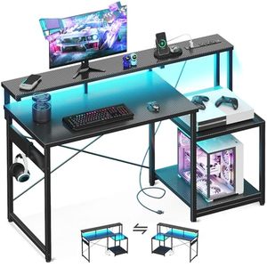 Escritorio de Computadora Moderno de Metal Ajustable con Lámpara LED, Tomacorriente, Estantes de Almacenamiento y Exhibición, Ranura para Auriculares - Product Image 1