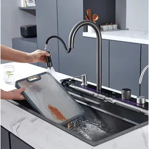 حنفية مطبخ مزدوجة شلالي بتصميم جديد 30 بوصة بوابل مياه صنبور نحل بيونيك أسود 304 من الفولاذ المقاوم للصدأ ذو شاشة رقمية