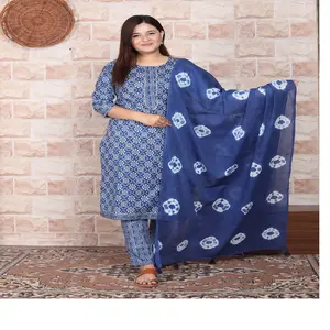 Custom made hand blocked printed 100 % linen dress for women of all ages in nice & beautiful royal blue coloured print.