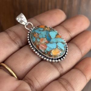 Dernière turquoise d'huître naturelle, pendentif turquoise épineuse collier en argent sterling 925 pour femmes Boho déclaration pendentif bijoux - Product Image 3