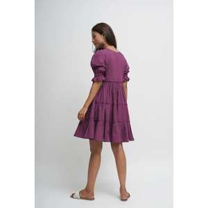 Vestido Casual de Verano para Mujer, Color Morado, Cuello en V, Manga Corta, Estilo Escalonado, Largo hasta el Suelo, Ecológico, Lavable, Cintura Natural, Línea A, de Algodón - Product Image 4