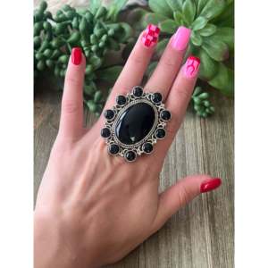 Southwest Onyx & Sterling <b>Silver</b> <b>Adjustable</b> Gemstone <b>Ring</b> - Product Image 2