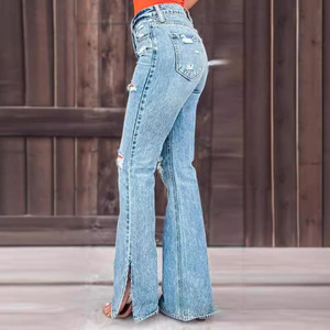 Venta directa de fábrica Jeans de mujer europeos y americanos Pantalones con agujeros de cintura alta Jeans con abertura ligeramente Acampanados para mujer - Product Image 2