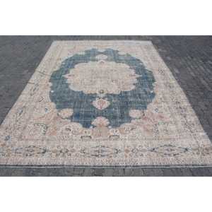 Alfombra Vintage, Alfombra Turca Extra Grande de 9.7x13.7 pies, Alfombra de Lana Azul Marrón Estilo Suroeste - Product Image 1