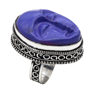 Vente en gros de bagues fines en pierre naturelle serti de lunette chrétienne en argent sterling 925 avec visage bleu sculpté original de pierres précieuses de taille ovale - Product Image 1